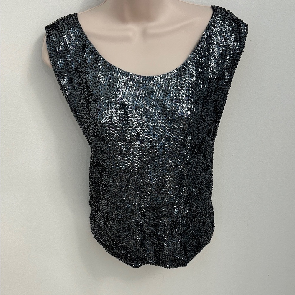 Black Sequin Open Criss Cross Back Top Glam Party-S